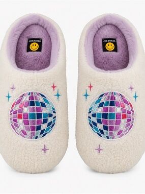 Joe Boxer Slippers Women Medium Ivory Disco Ball Plush Cozy NWT
